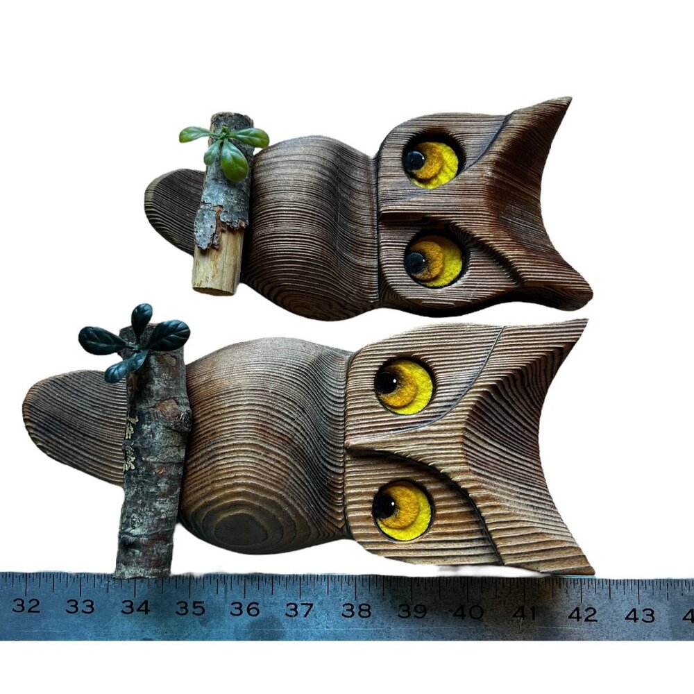 Pair of Vintage Wood Owls Perched on Branches Sand Blasted Finisg Wall Hangers - Picture 4 of 9